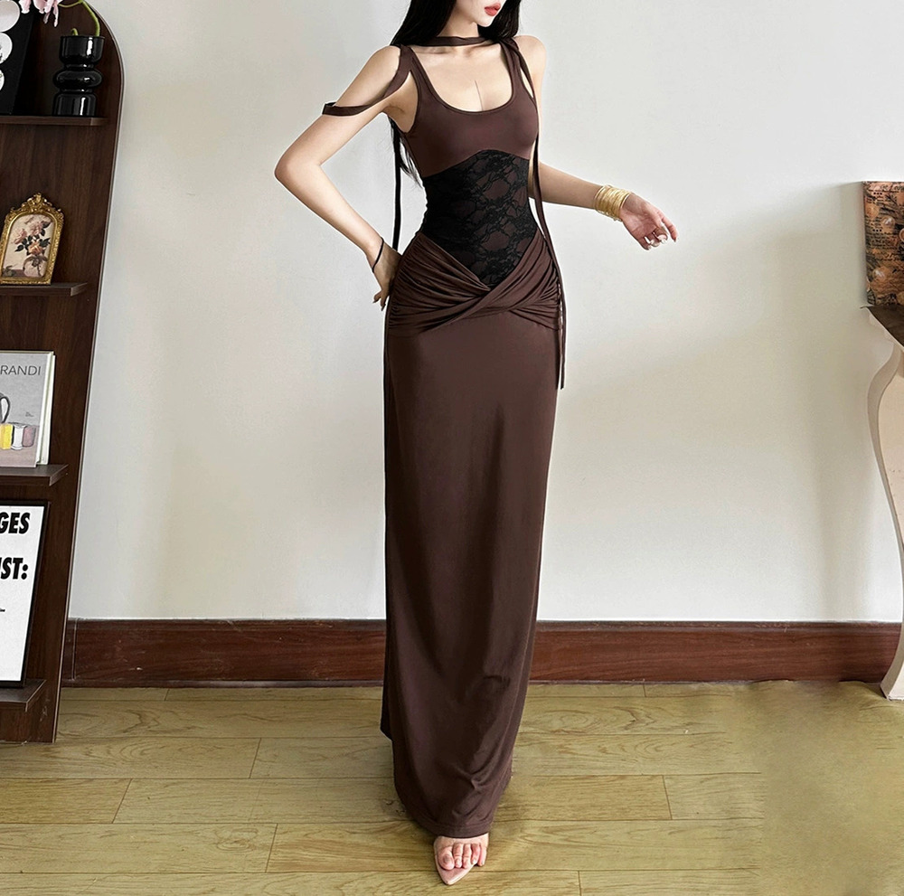 ZARA Summer Sexy Bodycon Lace Cutout Strappy Solid Color Dress